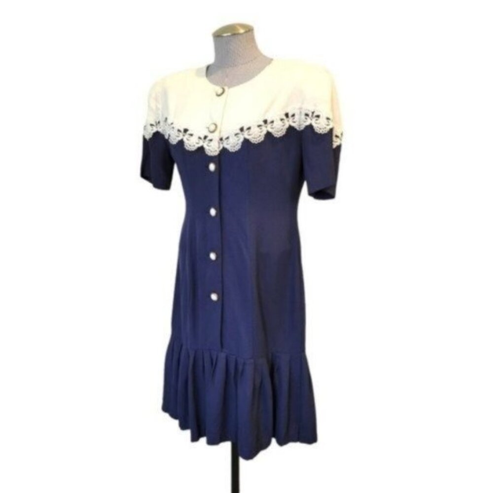 Vintage Dawn Joy | Crochet Chest Detail Button Front Ruffle Pleated Dress Navy